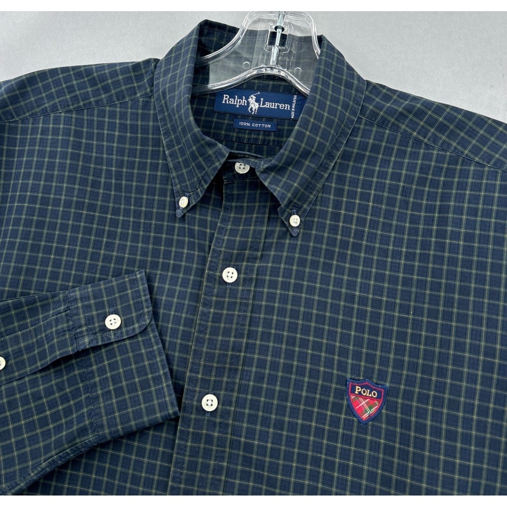 Vintage Ralph Lauren Shirt Mens Medium Plaid Blackwatch Polo Shield Crest Button